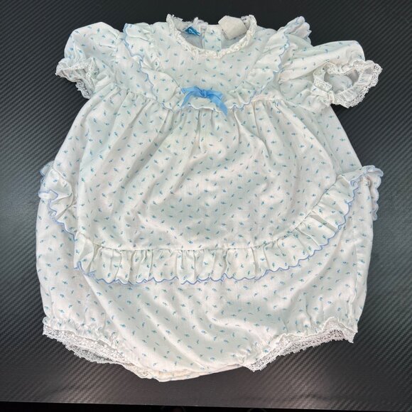 VTG Nannette Infant Girl Ruffle Romper One Piece Size L Made in USA Blue White - Picture 1 of 14